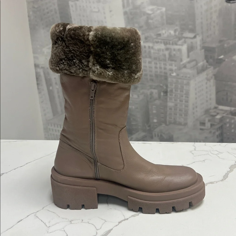Free People Charlee Chunky Mid Boots Fur Cuff Lug Sole Taupe Minky Brown US 10